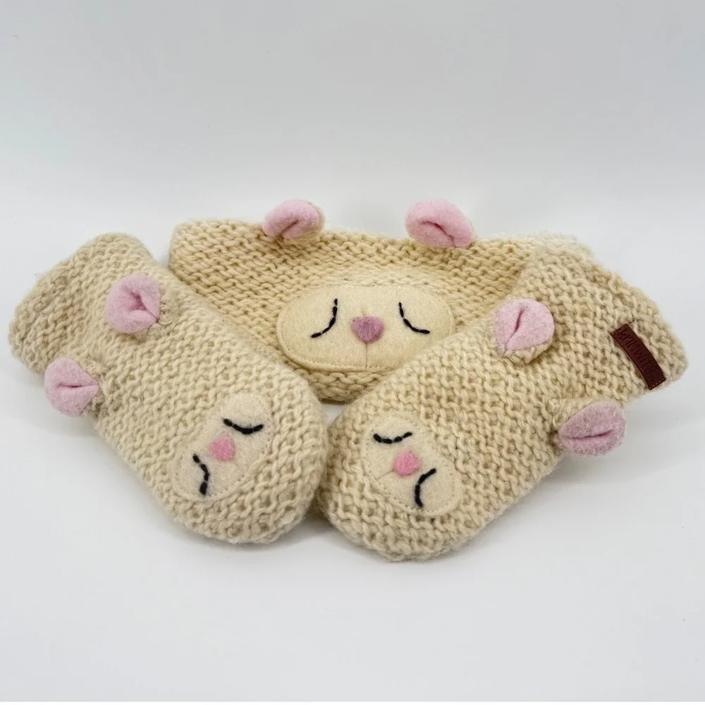 Knitwits Lamb Mittens Headband Set Wool Cream Fleece Lined Chunky Knit Boho Warm